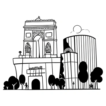 The "Arc de Triomphe" towering majestically, with its intricate sculptures and detailed architecture clearly visible. Nearby, a modern building constructed with shiny glass panels reflects the "Arc de Triomphe" in its surface, creating a striking juxtaposition of historical and contemporary design. The surrounding area includes trees and street lamps, enhancing the urban environment. A few pedestrians are walking in the foreground, adding life to the scene.