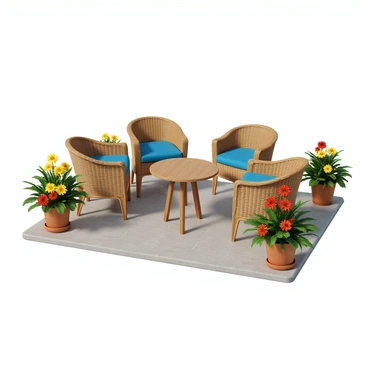 A clean patio featuring a neatly arranged outdoor seating area with four wicker chairs and a round wooden table in the center. The chairs are cushioned with bright blue fabric. Surrounding the seating area are vibrant potted plants, including red geraniums, yellow daisies, and lush green ferns, adding bursts of color. The patio floor is made of smooth stone tiles, and there is soft natural light illuminating the scene.