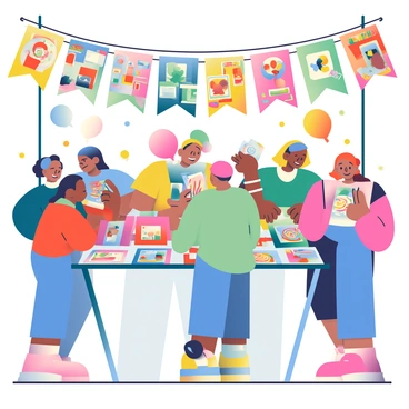 A lively festival booth is filled with attendees exchanging mini artworks. The booth has colorful banners hanging overhead, displaying various art styles and themes. People of diverse backgrounds are animatedly interacting, some smiling while handing over small pieces of art. Tables are covered with vibrant, hand-painted mini canvases and sketches, showcasing a variety of artistic expressions. A few attendees are seen sketching their own creations on notepads, while others admire the artworks on display. In the background, there are balloons and fairy lights adding to the festive atmosphere.