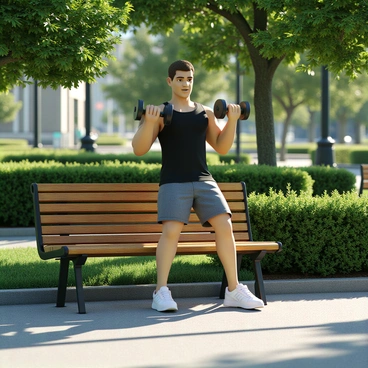 A city dweller with light skin and short brown hair is wearing a black tank top and grey athletic shorts. He is holding a pair of dumbbells, focusing intently on his bicep curls. He uses a wooden park bench for support, with one foot resting on the ground and the other foot slightly elevated on the bench. Surrounding him are green trees and shrubs, providing a natural backdrop amidst the urban setting. The sunlight filters through the leaves, casting dappled shadows on the ground.