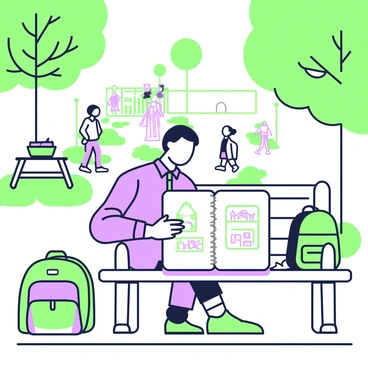 A real estate broker is sitting on a wooden bench in a sunny park, sketching house designs in a notebook. The broker has short hair and is wearing a light-colored shirt with rolled-up sleeves. A green backpack is placed beside the bench. In front of the broker, the open notebook displays rough sketches of various house designs. Surrounding the bench, there are trees with green leaves and a pathway in the background where a few people are walking. A small picnic area is visible to the side with a blanket spread out and a basket on it.