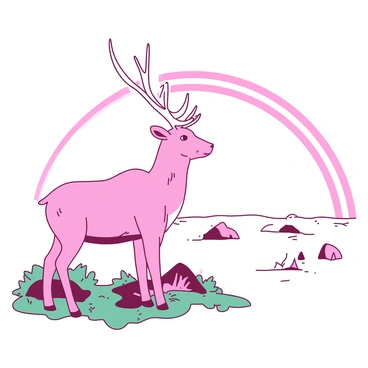 A pink caribou stands on the open tundra, its thick fur blending with the surrounding landscape. In the background, a faint rainbow arches gracefully across the sky, providing a colorful contrast to the muted colors of the tundra. The ground is covered with patches of green moss and sparse vegetation, with a few small rocks scattered around. The caribou gazes curiously towards the horizon, where the rainbow meets the earth, creating a serene atmosphere.
