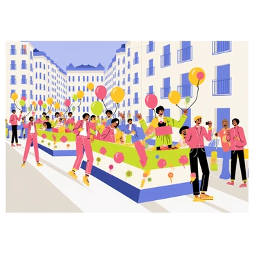 A vibrant parade featuring multiple colorful floats decorated with balloons, streamers, and flowers moving through the streets of Grenoble. People in elaborate costumes are dancing and celebrating, showcasing a variety of styles and colors. The street is lined with onlookers, some waving flags and others taking pictures. Buildings with balconies are in the background, and blue skies are overhead, adding to the festive atmosphere.