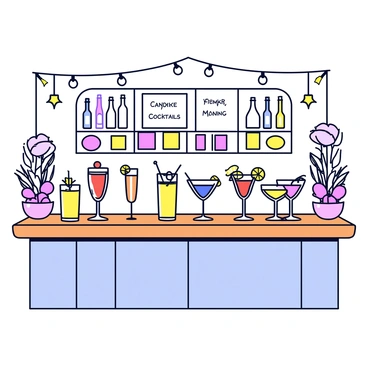 A bar area with a polished wooden counter featuring an elegant arrangement of signature cocktails for a wedding reception. Each cocktail is served in unique glassware, with vibrant colors and garnishes such as fresh fruit and herbs. The bar is decorated with delicate floral arrangements and twinkling fairy lights hanging above, creating a festive atmosphere. Behind the bar, a variety of liquor bottles are neatly arranged on shelves, illuminated by soft lighting. A menu board displays the names of the signature cocktails in stylish lettering.
