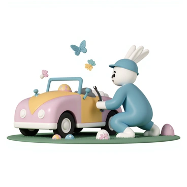 A bunny dressed as a mechanic fixing a broken Easter-themed car