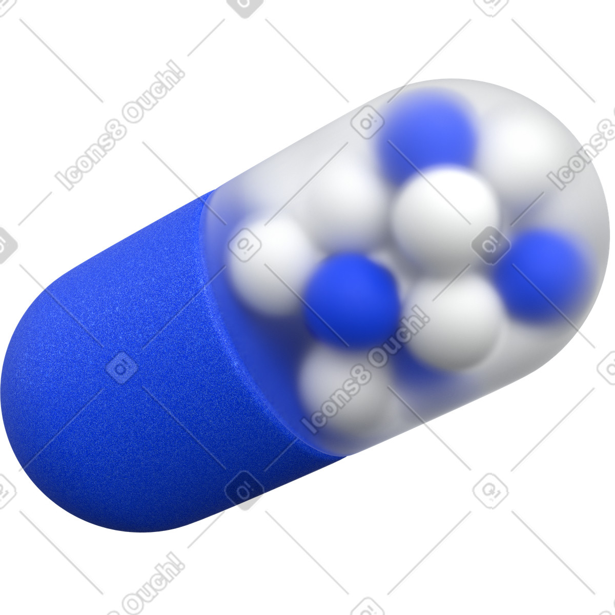 3D blue capsule pill with granules, pharmaceutical drug icon illustration in Enterprise style download in PNG, SVG