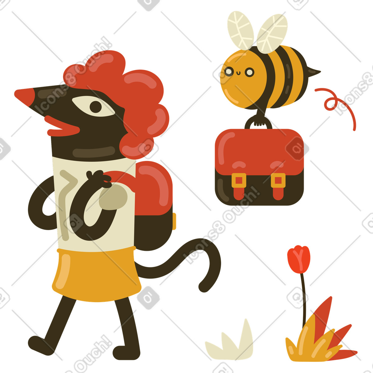 Whimsical animal and bee carrying school bags illustration bees clipart graphic
