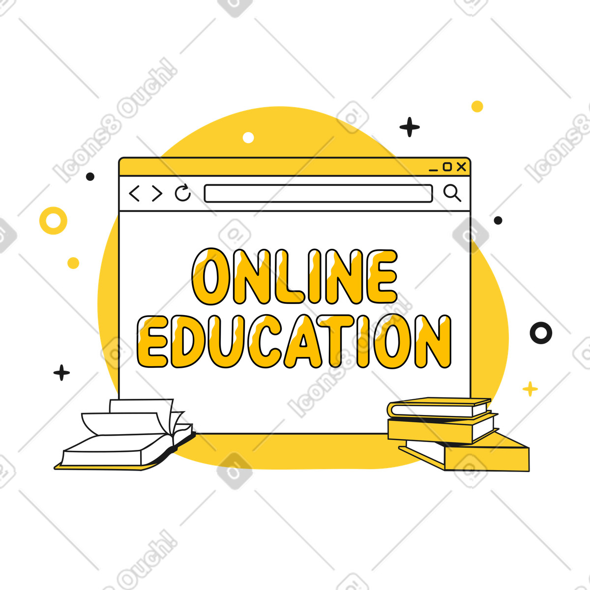 Ilustración Letras de educación en línea el navegador con libros. estilo Taxi a descargar PNG y SVG