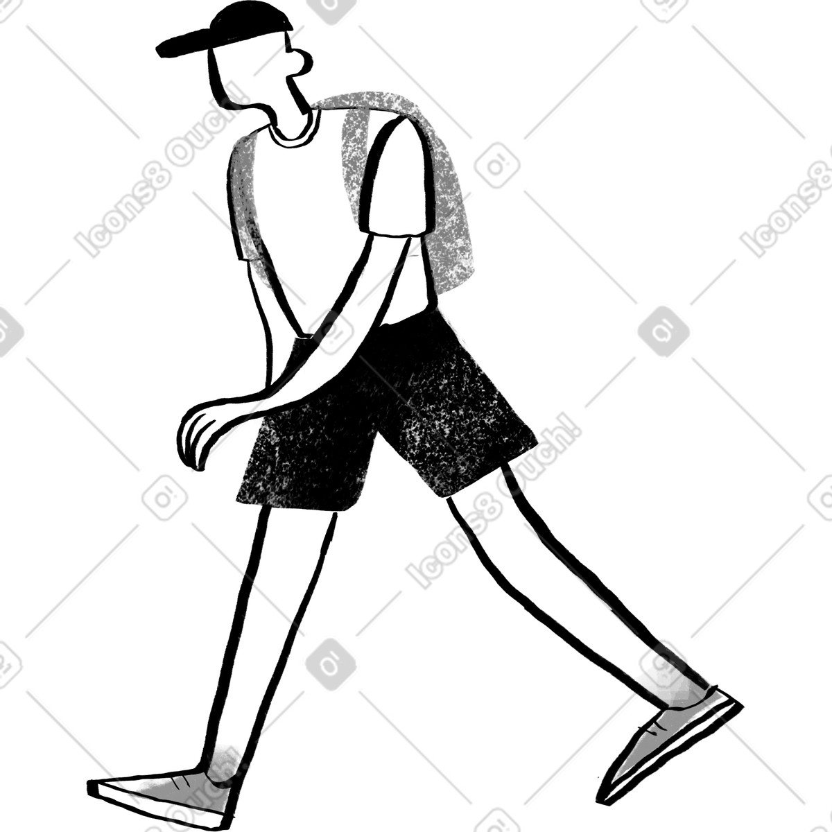 Ilustração de Homem preto e branco em um boné com mochila andando no estilo Company para baixar PNG, SVG
