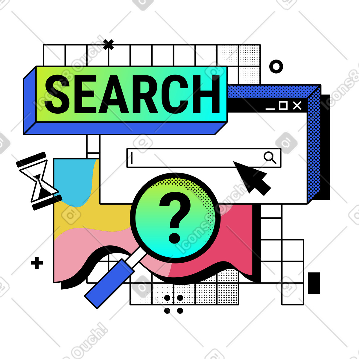 Browser search bar with magnifying glass, Internet query and research illustration in Memphis style download in PNG, SVG