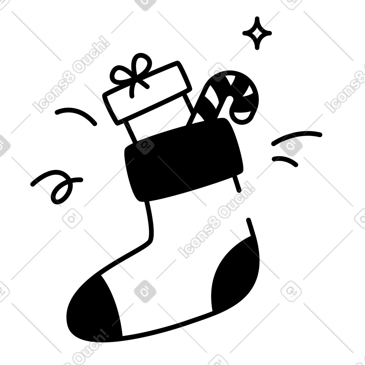 下载 风格的 Stocking filled with candy cane and wrapped christmas gift box 插画，支持 PNG、SVG 格式