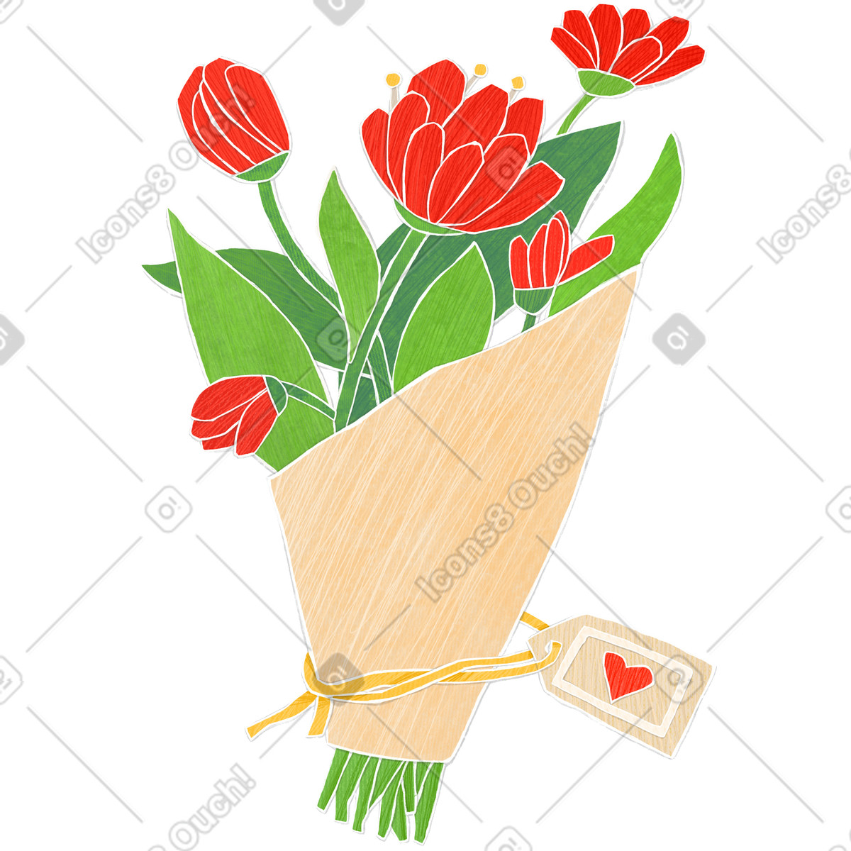 Bouquet of red flowers in craft paper with a heart illustration Crafty style download PNG, SVG