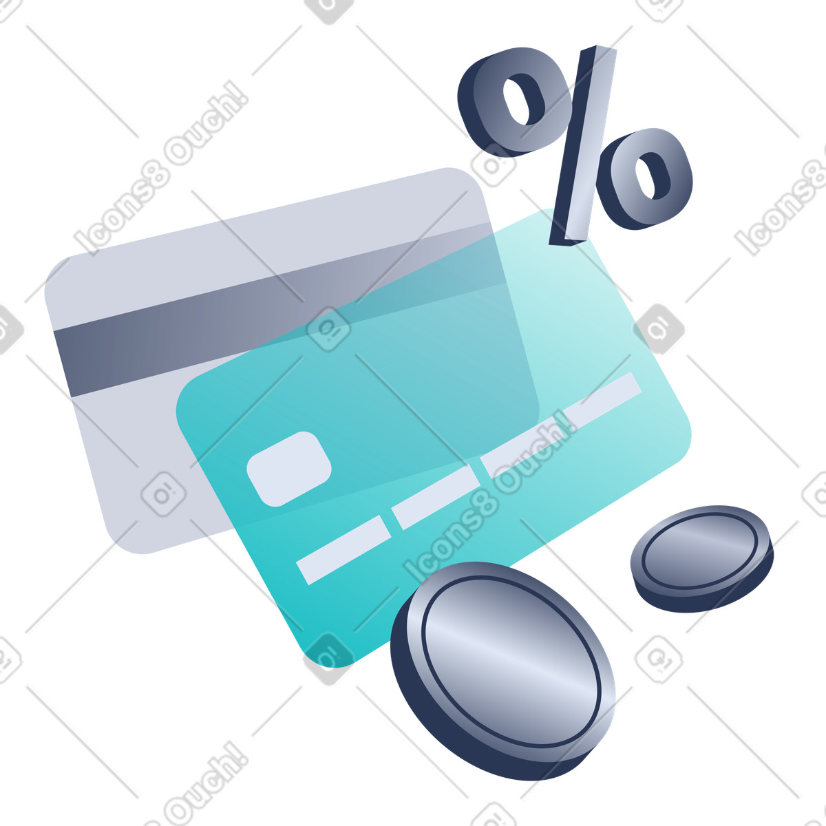 Credit cards and coins with percent symbol, online payment and transaction fees illustration in PNG, SVG