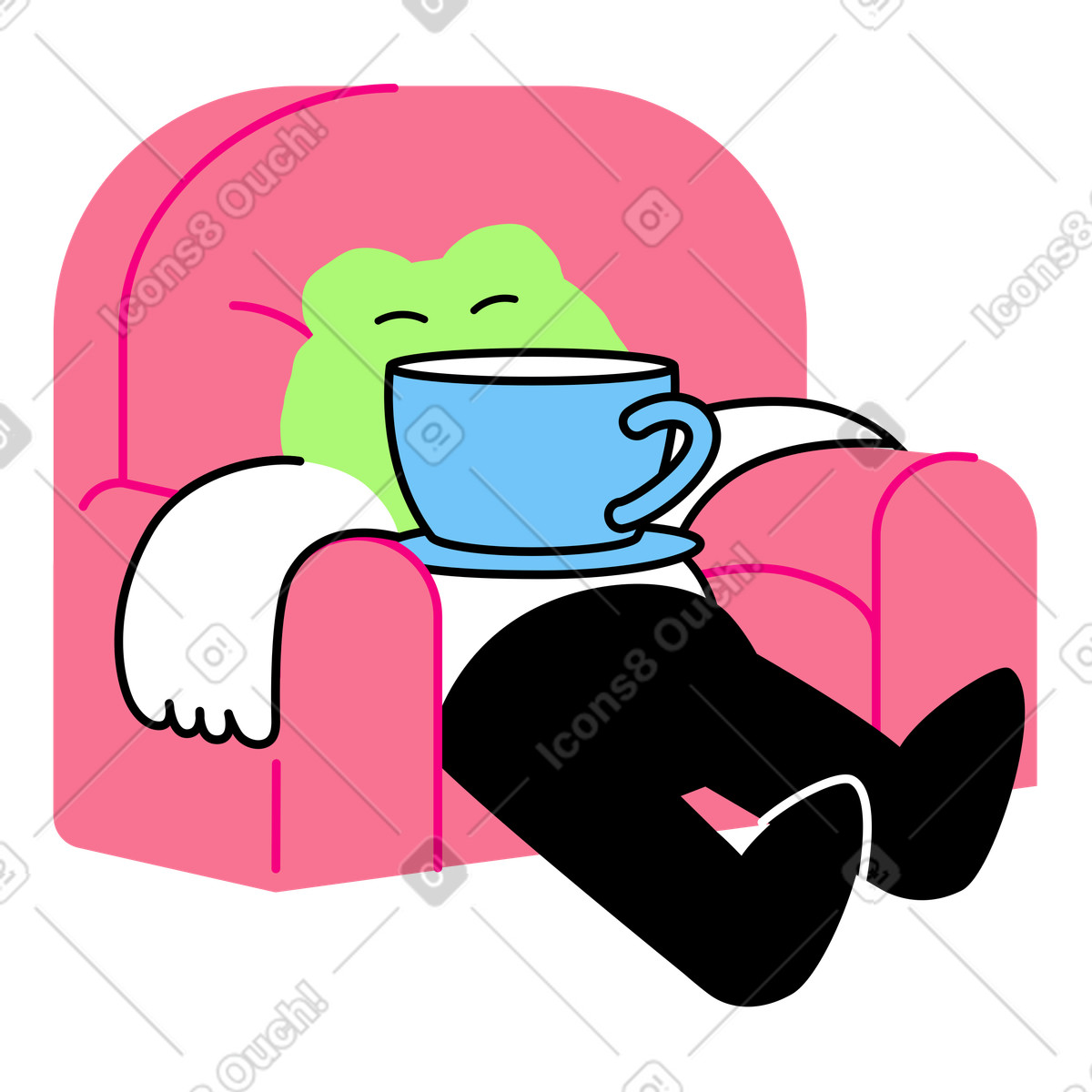 Character with coffee cup sleeping in armchair animated illustration Giggle style download GIF, Lottie (JSON), AE