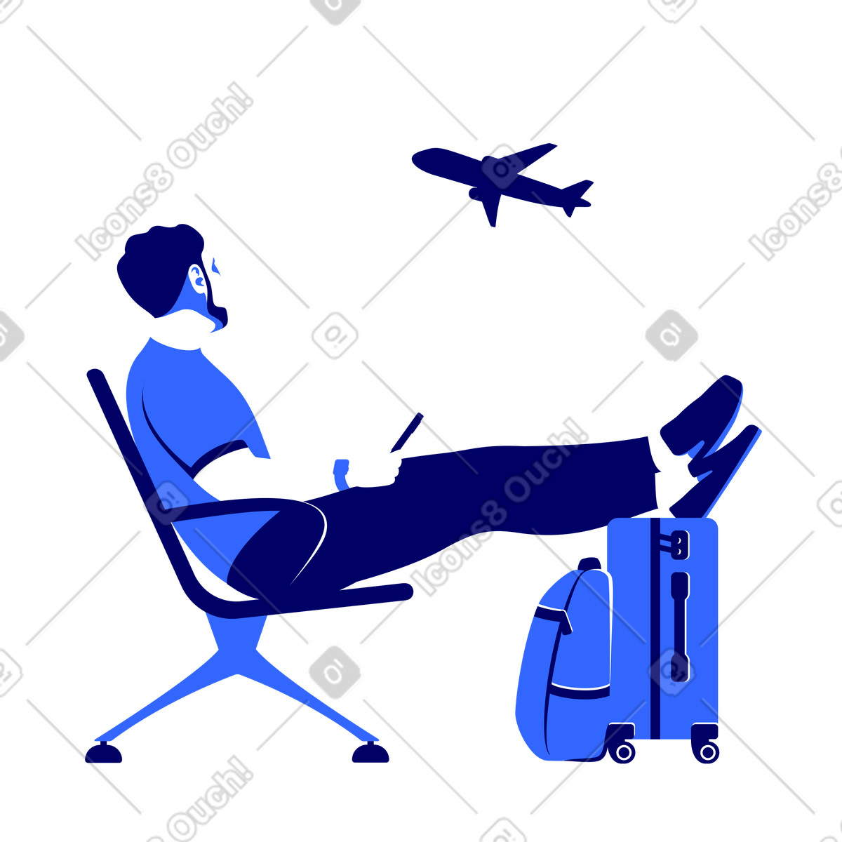 Traveler waiting at the airport for his plane flight illustration in PNG, SVG