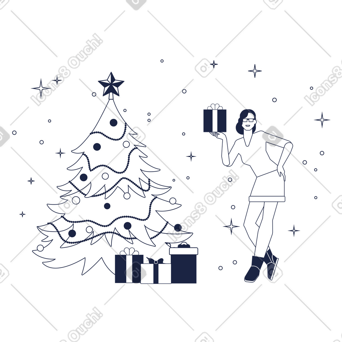 Ilustração de Mulher com presente perto da árvore natal em no estilo Urban Line para baixar em PNG, SVG