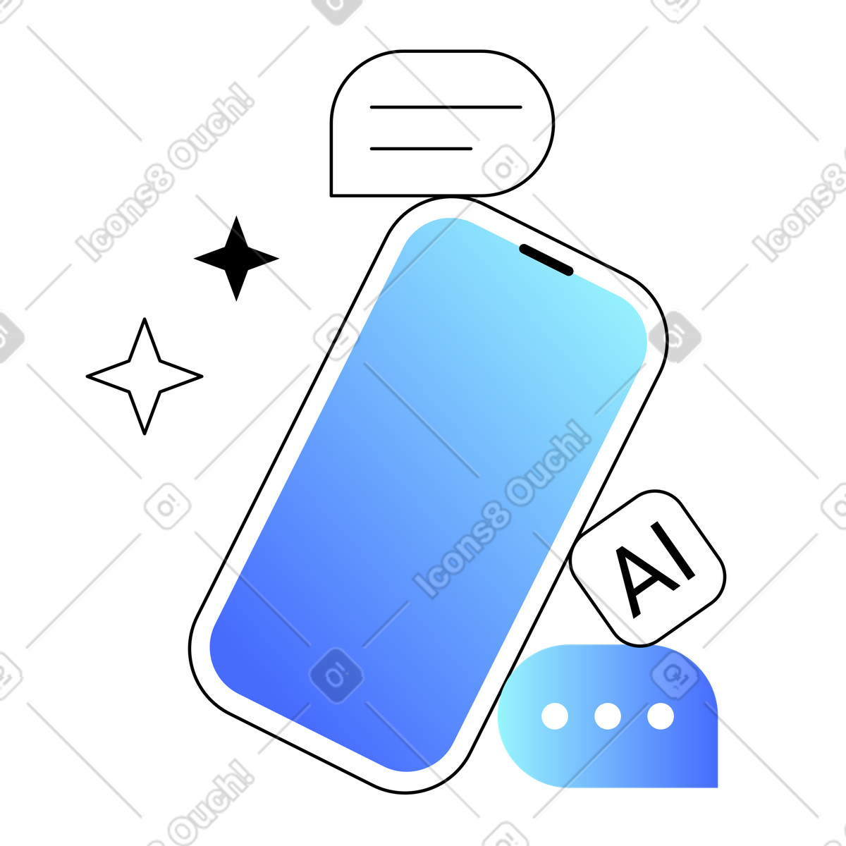Ilustración Blue smartphone and speech balloons with AI, AI-powered messaging en estilo Azure a descargar en PNG y SVG