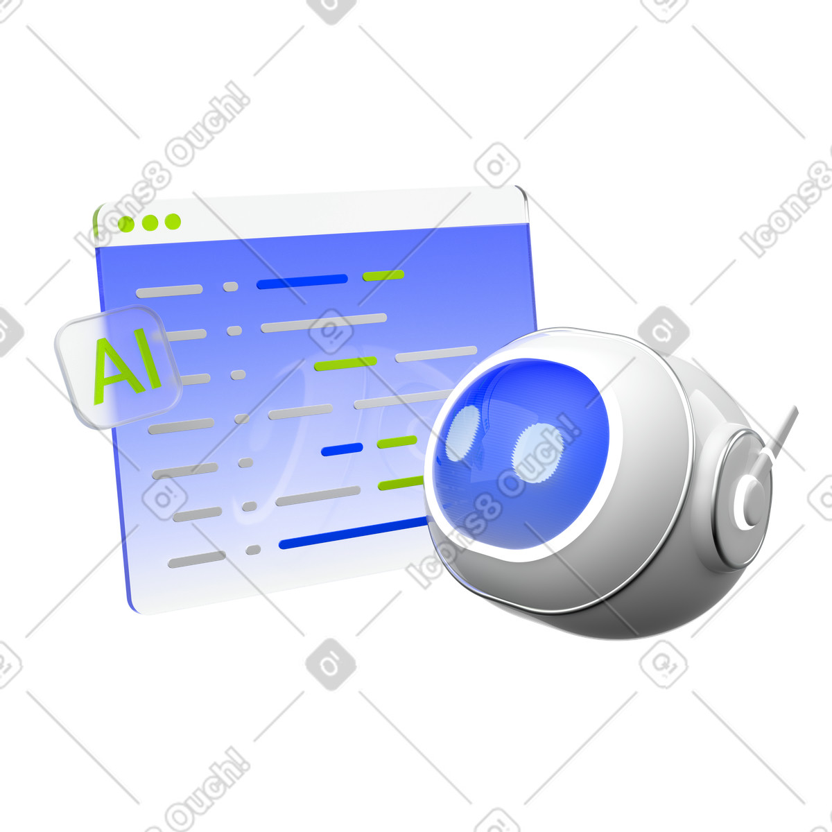 Illustration Robot ia avec éditeur de code, intelligence artificielle pour l'ingénierie logicielle dans le style 3D Enterprise à télécharger aux formats PNG, SVG
