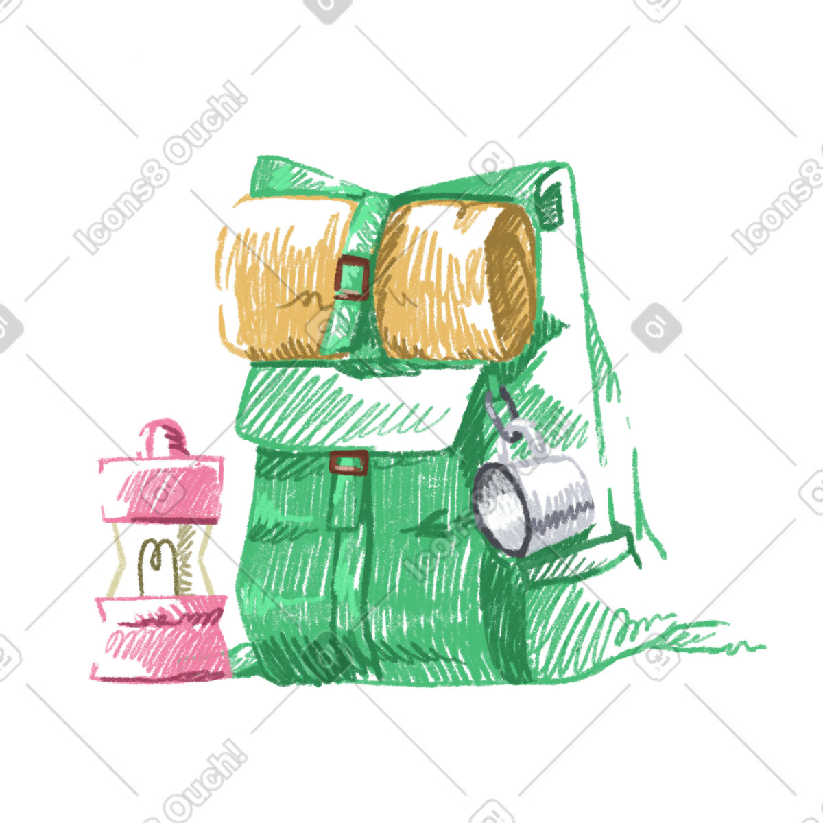 Camping equipment: backpack, lantern, and mug illustration in Sketchbook style download in PNG, SVG