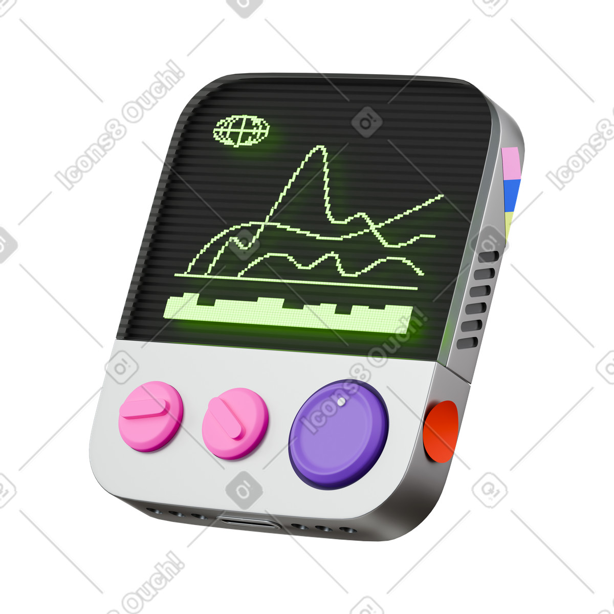 Illustration Affichage numérique rétro présentant des graphiques linéaires, informations décisionnelles et rapports dans le style 3D Stickle à télécharger aux formats PNG, SVG