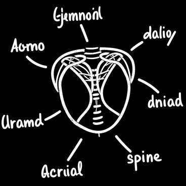 A chalkboard displaying a detailed illustration of a scapula. The scapula is oriented centrally on the board, with various parts identified and labeled in clear white chalk. Each label points to specific areas, such as the glenoid cavity, acromion, and spine of the scapula, using simple lines to connect the text to the parts. The texture of the chalkboard adds depth to the image, while the labels are neatly organized around the scapula for clarity.