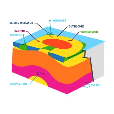 A vibrant illustration depicting seismic waves traveling through the layers of the Earth. The Earth is shown in a cross-section, revealing its inner core, outer core, mantle, and crust. Seismic waves, represented as wavy lines, emanate from a region where slab pull activities occur, illustrating the movement of tectonic plates. The waves vary in color, showcasing the different types of seismic waves: some are drawn with smooth curves, while others appear more jagged. The surrounding layers of the Earth are labeled with clear, bold text, highlighting "inner core," "outer core," "mantle," and "crust." The entire scene is filled with vibrant colors to emphasize the dynamic nature of the Earth's interior.