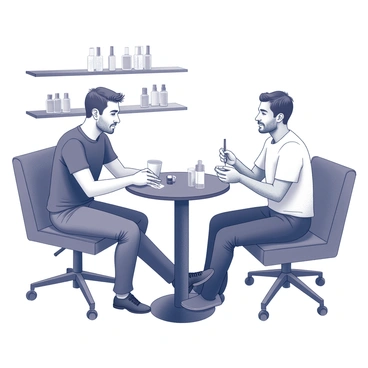 Two men sitting in a modern nail salon, each receiving a manicure. One man has his hand resting on a sleek black table, where a nail technician is carefully filing his nails. The other man is leaning back in a comfortable chair, with a relaxed expression as his nails are being painted with a glossy finish. The salon is equipped with contemporary decor, including minimalist design elements and a variety of nail polish bottles displayed prominently on a shelf. Each man is dressed in casual attire, and they are engaged in light conversation, showcasing a comfortable atmosphere around male nail care.