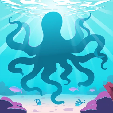 A massive shadow of a kraken looming over the ocean floor. The silhouette is defined with large tentacles extending outward, creating a dramatic contrast against the sandy seabed. Various marine life, such as small fish and seahorses, scatter in response to the looming presence. Sunlight filters through the water above, illuminating the edges of the shadow and revealing details of the ocean floor environment, including rocks and corals. The scene captures the tension and mystery surrounding the legendary creature.