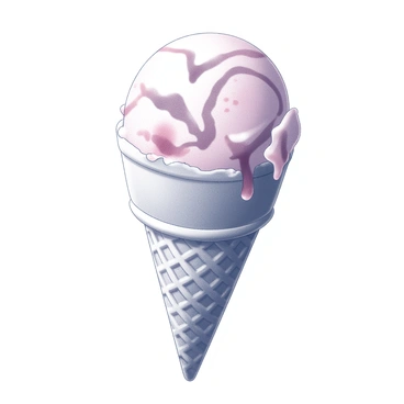 A waffle cone filled with raspberry ripple ice cream melting slightly