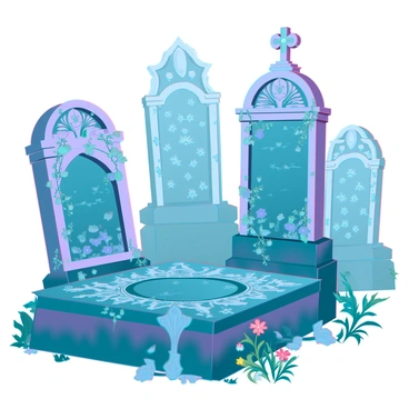 A vintage cemetery with intricate, ornate tombstones featuring detailed engravings and aged stone surfaces. The tombstones are partially covered in creeping vines and moss, adding to their aged appearance. Overgrown, wildflowers in various colors bloom around the bases of the tombstones, their petals glistening with dew. A thick mist envelops the scene, softening the outlines of the gravestones and creating an ethereal atmosphere. The sky is a muted gray, hinting at an early morning or late evening light that enhances the mysterious ambiance of the cemetery.