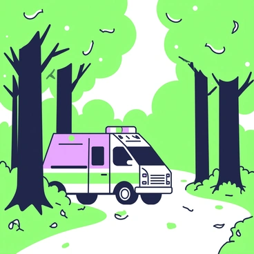 An ambulance is parked on a dirt path that winds through a dense forest. The vehicle has emergency lights on top, and its doors are slightly ajar. Surrounding the ambulance, tall trees with thick trunks and abundant green foliage create a canopy overhead. The ground is littered with fallen leaves and twigs, and patches of sunlight filter through the leaves, casting shadows on the path. In the distance, the outline of more trees can be seen, creating a sense of depth in the forest.