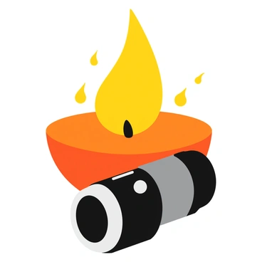 A close-up view of a flickering candle flame, glowing brightly at the center of the image. The flame is surrounded by a warm orange and yellow hue, with delicate wisps of smoke rising gently from the top. In the foreground, a camera lens is positioned to focus on the flame, reflecting the light and colors of the glowing fire. The background is softly blurred, drawing the viewer's attention to the intricate details of the flame and the lens.