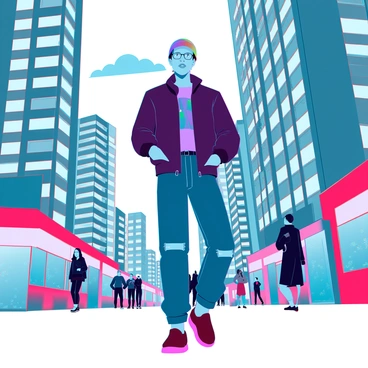 A person with medium skin tone wearing a vibrant, multi-colored beanie and round glasses is walking down a bustling city street. The person is dressed in a casual, stylish outfit, featuring a fitted jacket and comfortable jeans. Surrounding them are tall skyscrapers with reflective glass windows, and the street is filled with various pedestrians and vehicles. Brightly colored storefronts line the sidewalks, adding to the lively atmosphere of the scene. The sky is clear, and a few fluffy clouds can be seen above.