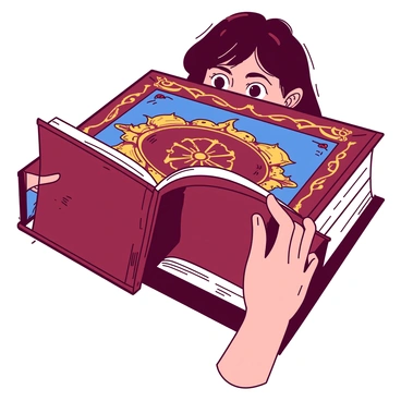 An ornate book cover features intricate gold foil designs and patterns, bordering rich maroon and deep blue colors. The cover displays a large, central emblem that is embellished with filigree and gemstone-like accents. In front of the book, a reader with a look of curiosity and anticipation holds the book gently, gazing at the cover with wide eyes. The reader's fingers are delicately tracing the ornate details. The setting has a warm, inviting atmosphere, with soft light illuminating the book cover and highlighting its lavish design.