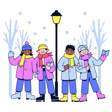 A group of four carolers is standing together beneath a tall streetlamp. They are dressed in winter coats and scarves of various colors. The streetlamp is illuminated, casting a warm glow over the scene. Snowflakes are gently falling around them, accumulating on the ground. The carolers are smiling and holding songbooks, while one of them is raising their hand as if conducting the group. The background features a snowy street lined with bare trees.