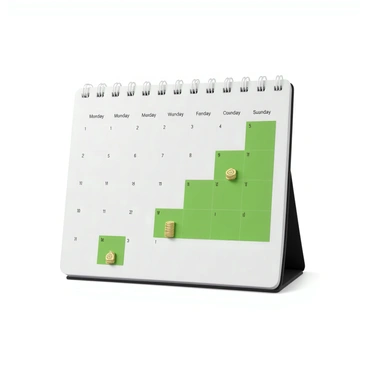 A desk calendar with a sleek design featuring a white background and bold black text. Each month is clearly labeled at the top, with a large grid displaying the days of the month. In this grid, certain dates are highlighted in vibrant green, specifically marking payday. Next to these highlighted dates, there are small, detailed cash icons, designed to resemble stacks of coins or currency notes, adding a playful touch. The calendar stands on a sturdy base with a slight tilt for easy viewing.