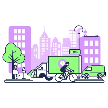 A cityscape is depicted with tall buildings lining both sides of the streets. Various delivery vehicles are moving along the roads; there is a green delivery truck with a logo on its side, a purple bike courier weaving between cars, and a small green van parked near the curb. Pedestrians are walking on the sidewalks, and a streetlamp stands tall next to a tree. In the background, the skyline features a mix of modern and older architecture, with windows reflecting the scene below.