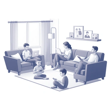A family relaxing in the living room, each member engaged with their own device.