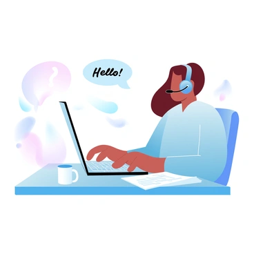 A friendly customer support agent is seated at a desk, engaged in an online chat with a customer. The agent has a headset on and is typing on a laptop, with documents and a mug on the desk beside them. The customer is represented by a speech bubble showing "Hello!" and another bubble with a question mark. A background with a soft gradient in pastel colors adds a pleasant atmosphere to the scene.