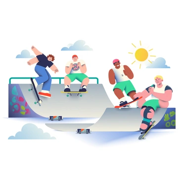 A group of three teenagers is skateboarding at an urban skate park. One teen, with curly brown hair, is performing a trick on a half-pipe, wearing a black t-shirt and blue jeans. Another teen, sporting a red cap and a graphic tee, is cruising on a skateboard near a rail while laughing. The third teen, with short blonde hair, is adjusting their knee pads, dressed in a white tank top and green shorts. Various colorful graffiti covers the concrete walls of the skate park, and there are skateboards resting against the edges of the ramps. The sun is shining brightly overhead, casting long shadows on the ground.