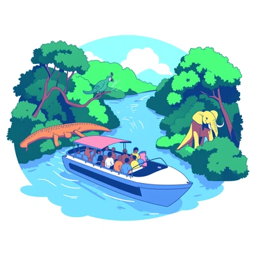A blue guided jungle cruise boat is navigating through a winding river surrounded by lush green foliage. The boat is filled with passengers who are observing the vibrant scenery. On the riverbanks, there are various animatronic animals, including a large orange crocodile with its mouth open, a teal parrot perched on a branch, and a yellow elephant spraying water with its trunk. The water of the river reflects the colors of the boat and the animated creatures, creating a lively atmosphere.