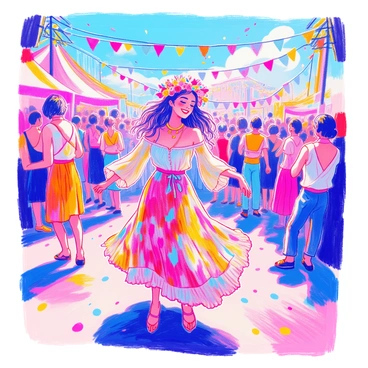 A girl is wearing a colorful bohemian outfit that features a flowing, patterned maxi skirt and a loose-fitting, off-the-shoulder top. She has a beautiful flower crown made of vibrant blooms adorning her head. She is dancing joyfully at a music festival, surrounded by a lively crowd. The atmosphere is filled with colorful banners and twinkling lights. In the background, a stage can be seen with musicians performing. The sky is bright, adding to the festive ambiance.