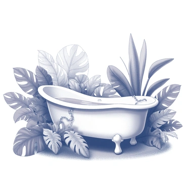 A bathtub surrounded by lush, tropical plants and vines