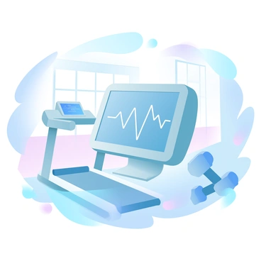 A heart monitor is displayed prominently in the center of the image. The monitor has a digital screen showing fluctuating heart rate data in real-time. Surrounding the monitor is an array of exercise equipment, including a treadmill and dumbbells. The background features a large window that allows sunlight to pour in, creating a bright atmosphere. A graph on the monitor indicates an upward trend, reflecting the patient's increased heart rate during exercise. The overall composition suggests a focus on technology in healthcare, with a sense of active engagement in fitness.