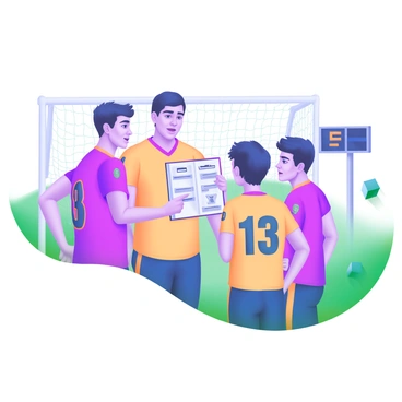 A group of young athletes huddled together, discussing tactics before a game. They are wearing matching team jerseys in vibrant colors, with their respective numbers visible. Each athlete displays a focused expression, showing determination and teamwork. The athlete in the center is pointing to a playbook while others lean in, listening intently. Everyone is standing on a grassy field, with a goalpost and a scoreboard in the background, adding to the game-day atmosphere.