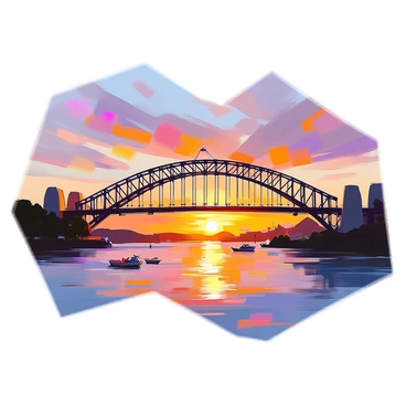 A view of the Sydney Harbour Bridge during sunset, showcasing the iconic structure silhouetted against a colorful sky. The sun is setting in the background, casting vibrant hues of orange, pink, and purple across the clouds. Reflections of these colors shimmer on the water beneath the bridge. The foreground includes silhouettes of trees and boats on the water, enhancing the tranquil scene.