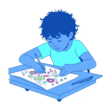 A blue child is sitting at a wooden desk, intently doodling on a white piece of homework. The homework is covered with various colorful shapes and patterns including circles, stars, and spirals. The child's expression is focused, with a few colored pencils scattered around them on the desk. Some of the doodles are overlapping, creating a vibrant collage of colors. The child's hair is slightly messy, indicating an enthusiastic and creative atmosphere.