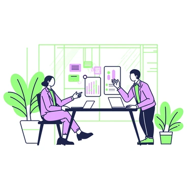 A consultant is seated at a modern conference table, engaging in a discussion with a client. The consultant is wearing a tailored suit and has a laptop open in front of them. They are gesturing confidently, pointing to a document with strategic charts and bullet points. The client, dressed casually, is leaning forward, showing interest and nodding. Around them, the office is filled with green plants in pots, and sunlight streams in through large windows, illuminating the space. On the wall behind, there are framed awards and a whiteboard filled with colorful notes and diagrams.