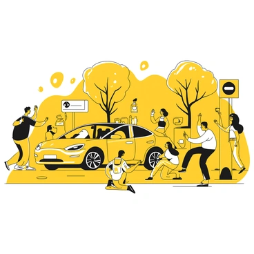 Bystanders rushing to help at the scene of a Tesla car accident on a busy street