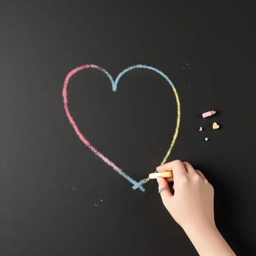 A hand, featuring light skin and wearing a silver ring, is holding a piece of colorful chalk. The hand is in the act of drawing a heart line pattern on a smooth blackboard surface. The heart lines are vivid and varied in color, including shades of red, pink, blue, and yellow, creating a playful contrast against the black background. The chalk leaves a textured finish on the board, with some fragments of chalk dust visible nearby.